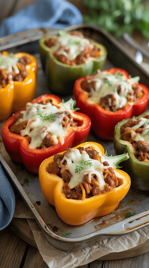 10 Easy Recipes With Ground Beef That Busy Moms Swear By 6 Colorful stuffed bell peppers filled with savory beef and melted cheese, baked to perfection.