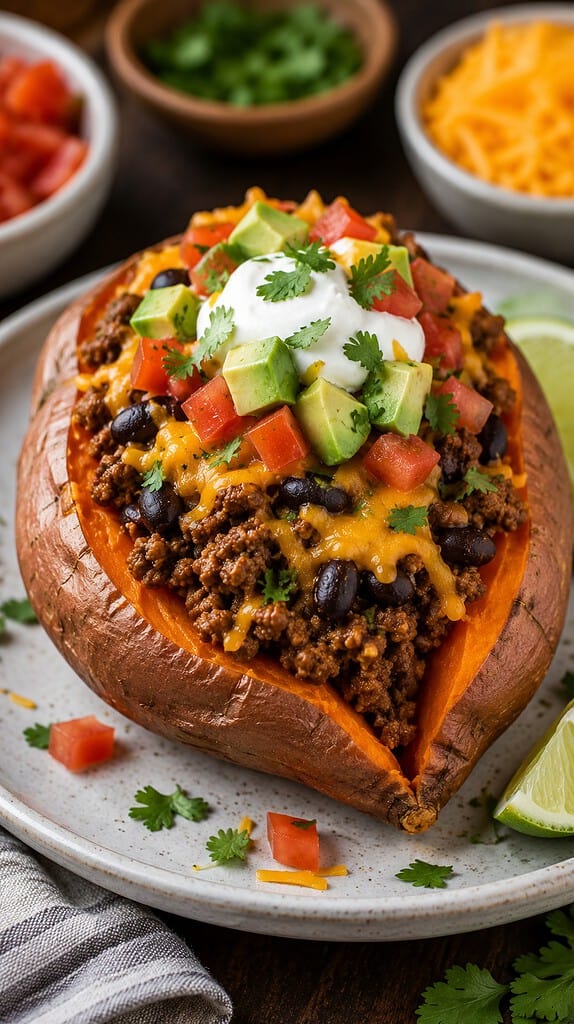 10 Easy Recipes With Ground Beef That Busy Moms Swear By 8 Roasted sweet potato stuffed with taco-seasoned ground beef, black beans, melted cheese, avocado, and sour cream. A colorful and filling family-friendly dinner idea.