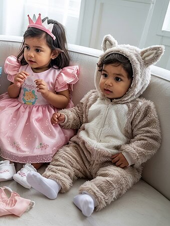 Five baby girls sitting on a white couch wearing adorable themed costumes including flower fairy, bunny, fairy tale character, princess, and fuzzy animal outfits with matching accessories.