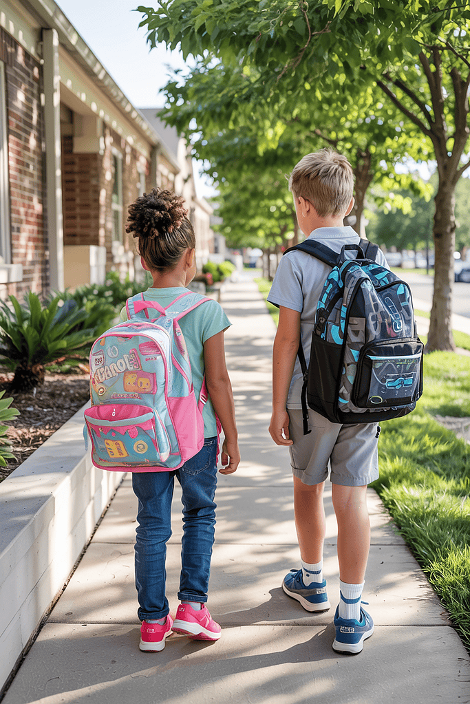a boy and girl with backpacks walking down a sidewalk