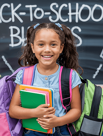 a girl with backpack and books