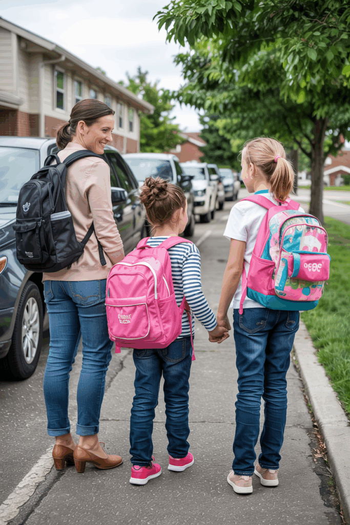 a woman and two girls holding hands