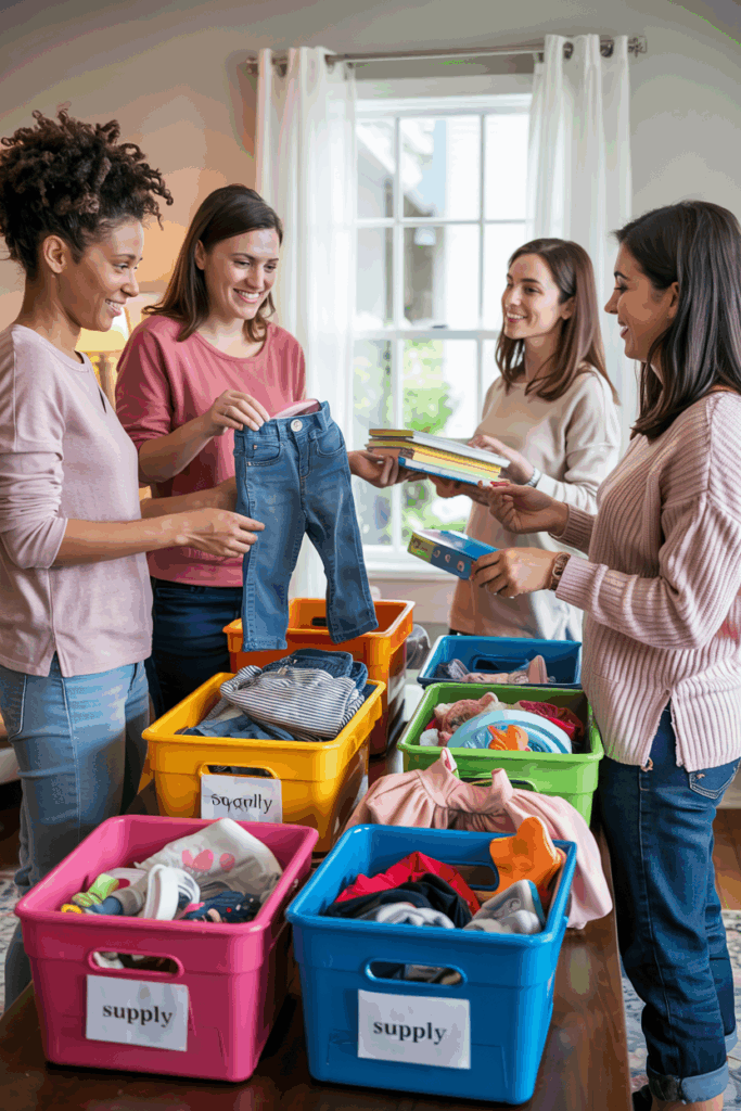 a group of women holding a pair of jeans