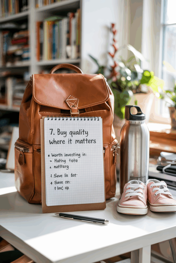 a backpack with a notepad and shoes on a table