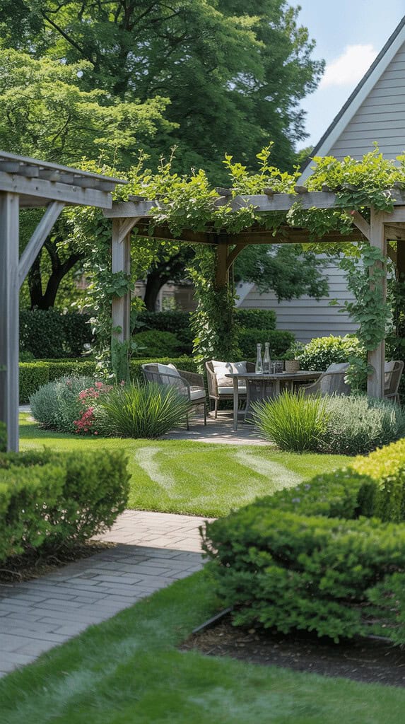 Cozy backyard pergola seating area with climbing vines, manicured landscaping, and a peaceful garden path leading to an outdoor retreat.