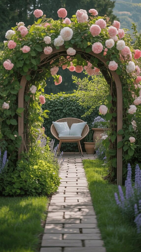 Charming garden pathway leading to a secluded reading nook beneath a flower-covered arbor in a cottage-style backyard.