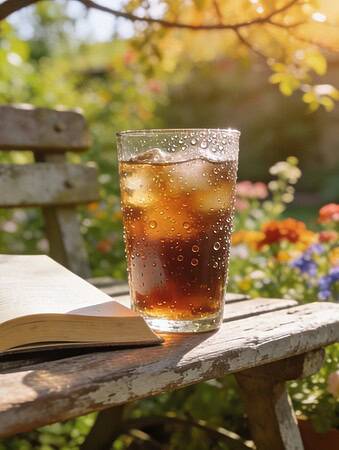 Open book and iced drink resting on a weathered garden bench surrounded by colorful flowers in a sunny backyard.