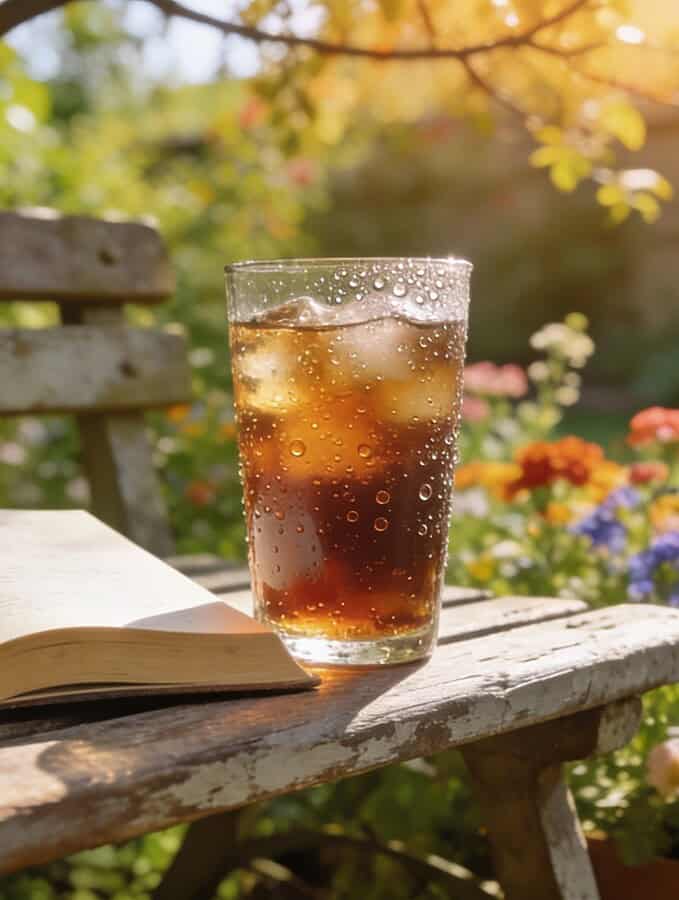 Open book and iced drink resting on a weathered garden bench surrounded by colorful flowers in a sunny backyard.