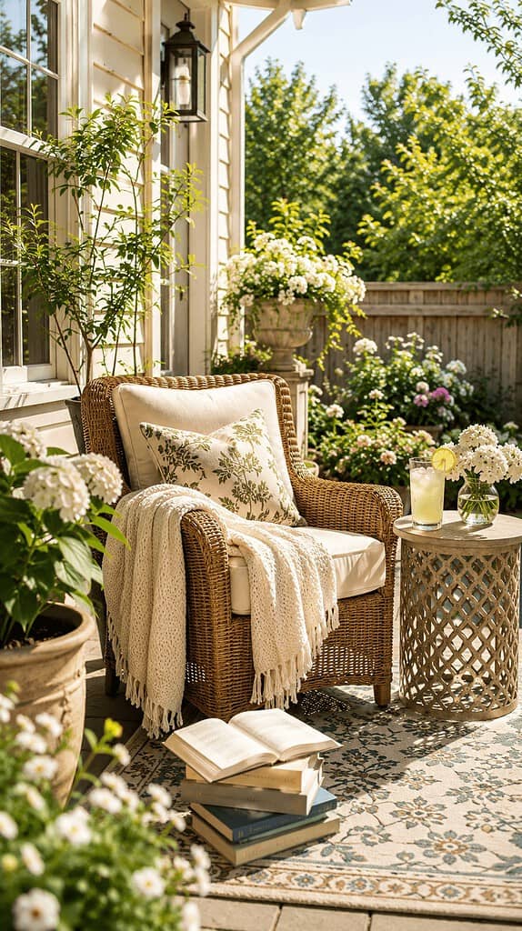 Cozy outdoor patio with wicker chair, floral cushions, and lush garden view.
