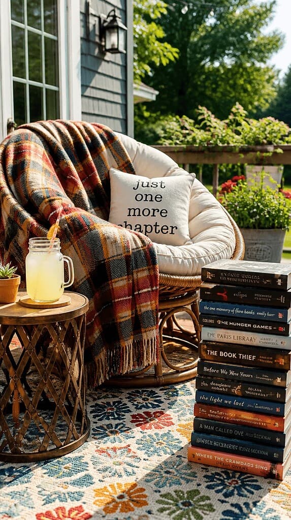 Comfortable outdoor reading corner featuring a cushioned chair, stack of books, and refreshing drink on a bright backyard deck.
