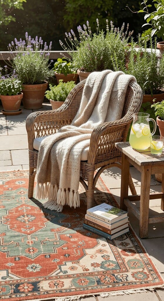 Relaxing patio reading nook with a wicker chair, cozy throw blanket, potted lavender, and a patterned outdoor rug.
