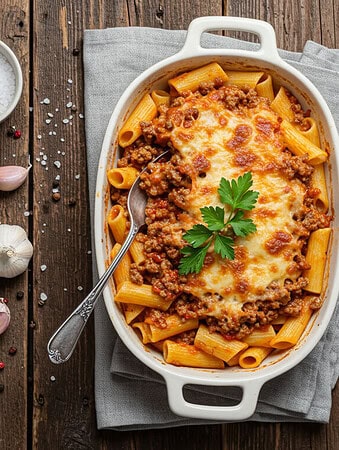 Comfort food baked ziti with ground beef and melted cheese in an oven dish.