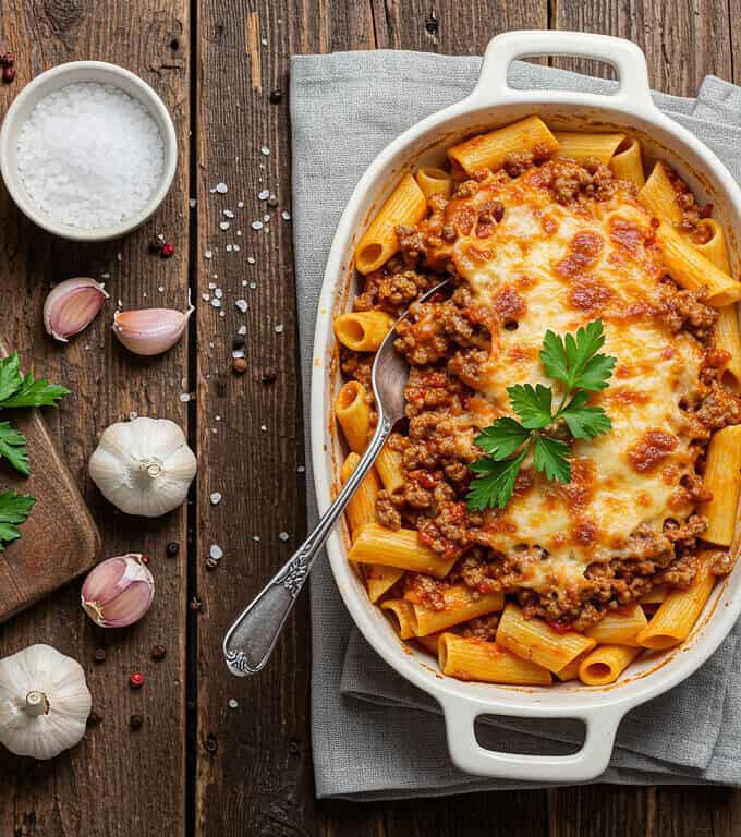 Comfort food baked ziti with ground beef and melted cheese in an oven dish.