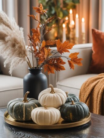 Cozy autumn decor with pumpkins and foliage.