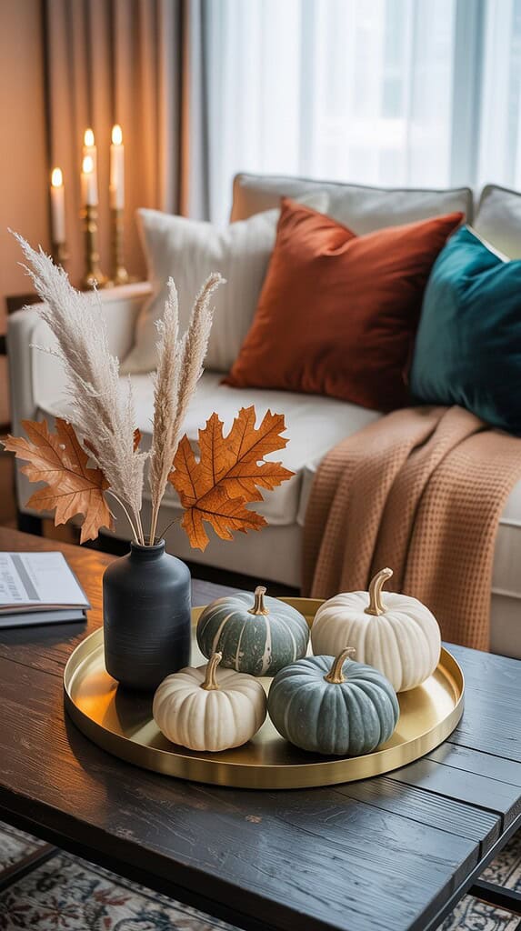 Fall table decor with mini pumpkins, mason jar candles, and cozy textures.