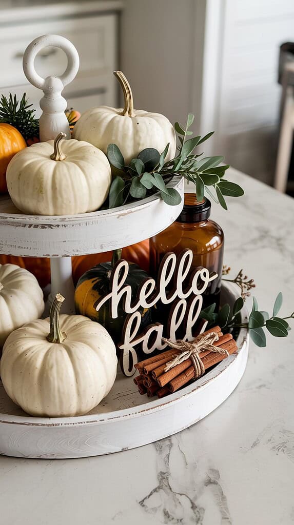Fall kitchen decor with mini pumpkins, autumn dish towels, and a pumpkin-scented candle on the counter.
