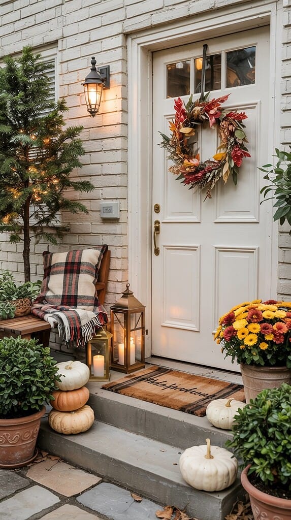 Front porch decorated for fall with pumpkins, plaid doormat, and an autumn wreath on the door.