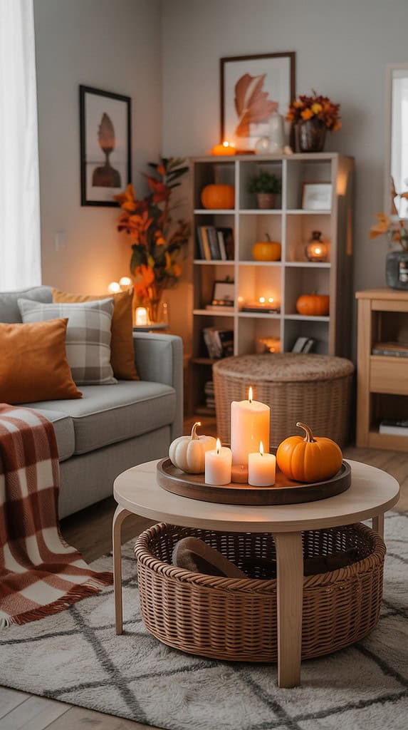 Cozy fall living room with plaid throw blanket, warm lighting, and neutral pillows.
