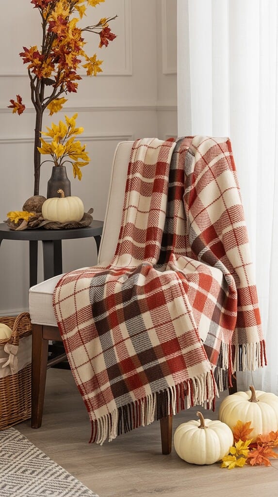Warm fall living space with knit throw blanket, candles, and soft lighting for a cozy autumn vibe.