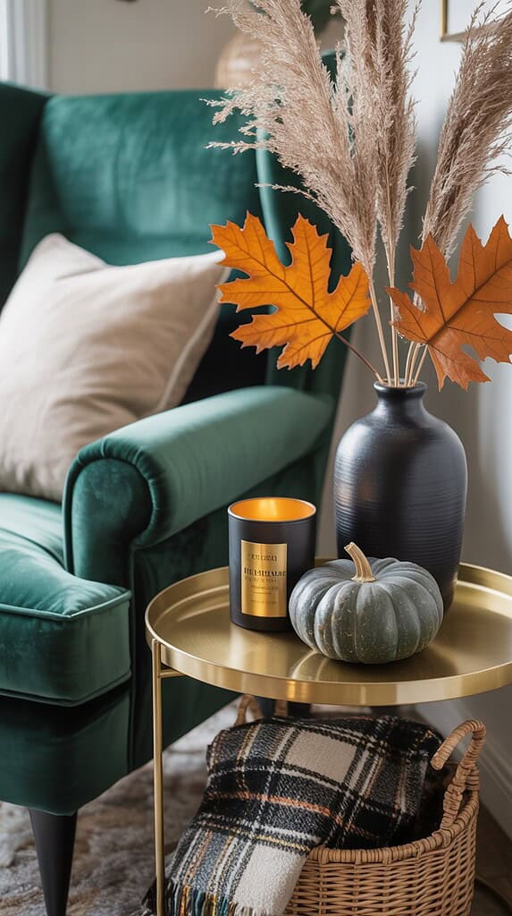 Cozy fall corner with woven basket, textured rug, and warm-toned home accents.