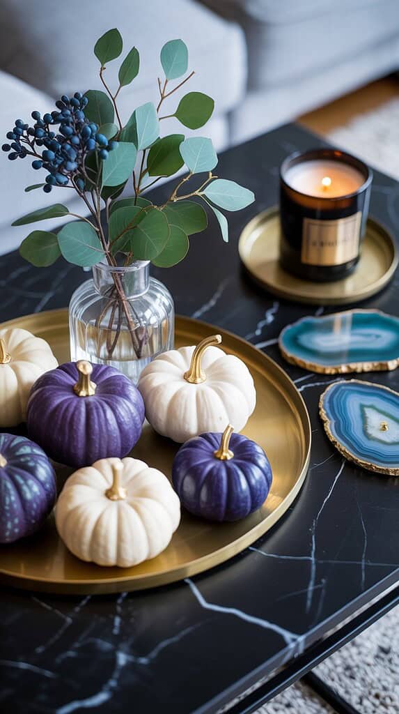 Autumn decor display with tiered tray, eucalyptus stems, and farmhouse fall accents.