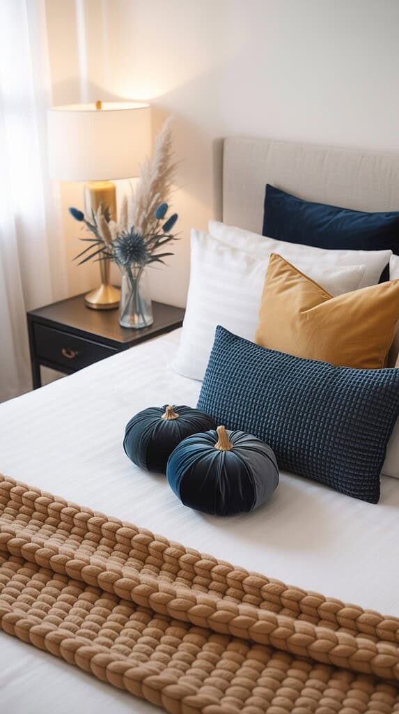 Neutral fall bedroom with navy and mustard pillows, velvet pumpkins, and soft layered bedding.