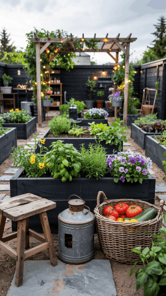 Charming backyard garden featuring a wooden pergola adorned with string lights, creating a cozy ambiance. Raised garden beds filled with vibrant flowers and fresh herbs line a stone pathway. In the foreground, a rustic wooden stool sits next to a vintage milk can and a wicker basket brimming with ripe tomatoes and zucchini. The setting is framed by a dark wooden fence, adding contrast and warmth to the lush greenery.