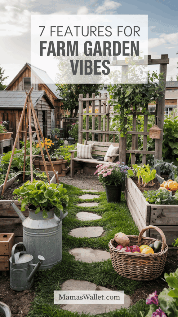 Beautiful farm garden setup featuring a stone pathway leading to a cozy wooden bench under a trellis adorned with greenery. Raised garden beds filled with fresh vegetables and flowers line the path, alongside a vintage watering can and a wicker basket filled with colorful produce. A rustic wooden shed and teepee trellis add charm in the background. The text '7 Features for Farm Garden Vibes' is prominently displayed at the top, with 'MamasWallet.com' at the bottom.