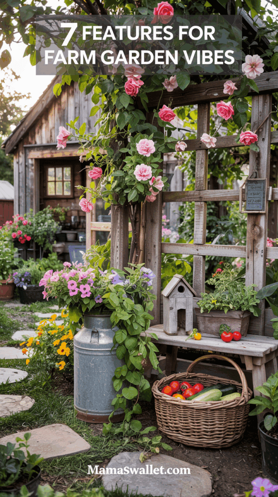 Charming farm garden scene featuring a rustic wooden trellis adorned with blooming pink roses. Below, a vintage milk can serves as a planter with cascading greenery, and a wooden bench holds potted plants and a birdhouse. A wicker basket filled with fresh vegetables sits on a stone pathway, with a cozy wooden shed in the background. The text '7 Features for Farm Garden Vibes' is prominently displayed at the top, with 'Mamaswallet.com' at the bottom.
