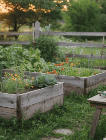 A cozy farm garden with raised wooden garden beds filled with various vegetables, herbs, and flowers. A wooden table with gardening tools and a watering can sits in the foreground. A wooden fence surrounds the garden, and the scene is bathed in warm sunlight, suggesting a peaceful sunset.
