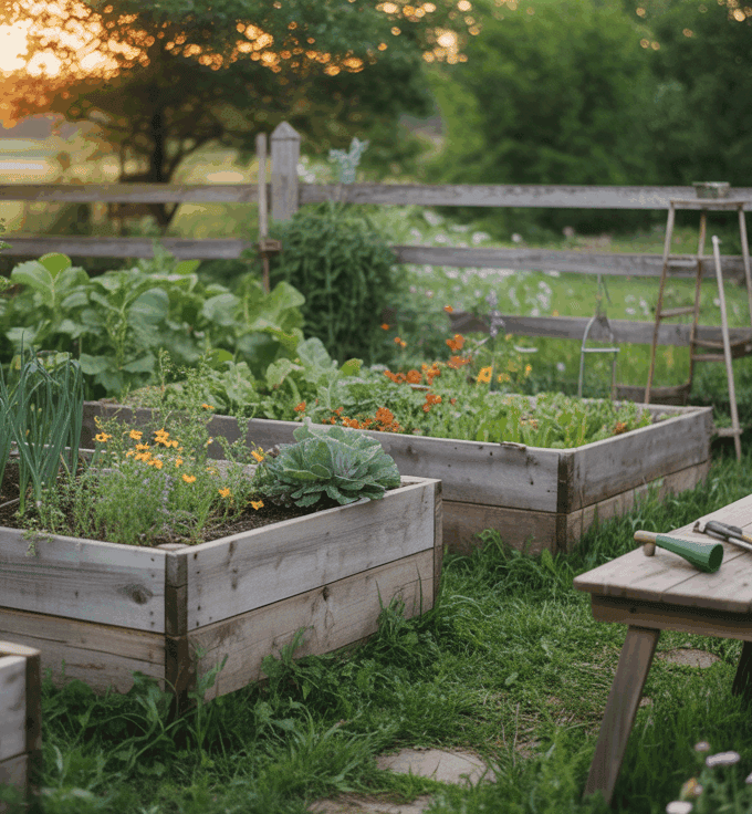 A cozy farm garden with raised wooden garden beds filled with various vegetables, herbs, and flowers. A wooden table with gardening tools and a watering can sits in the foreground. A wooden fence surrounds the garden, and the scene is bathed in warm sunlight, suggesting a peaceful sunset.