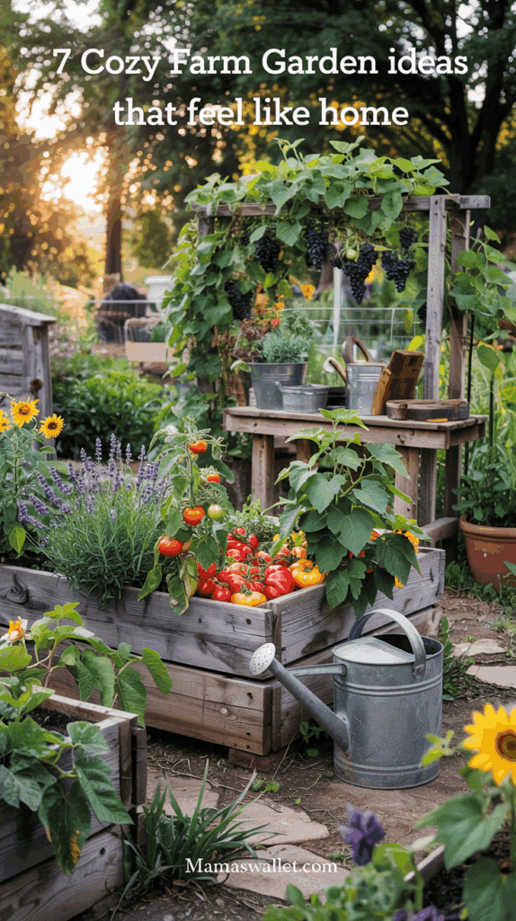 A serene farm garden setting titled '7 Cozy Farm Garden ideas that feel like home.' The scene features raised wooden garden beds overflowing with ripe tomatoes, lush green plants, and lavender. A wooden trellis supports hanging clusters of grapes. A classic metal watering can rests on the ground beside the beds. The background is filled with more greenery and a glimpse of a wooden structure, all under the warm glow of a setting sun. The text 'Mamaswallet.com' is displayed at the bottom.