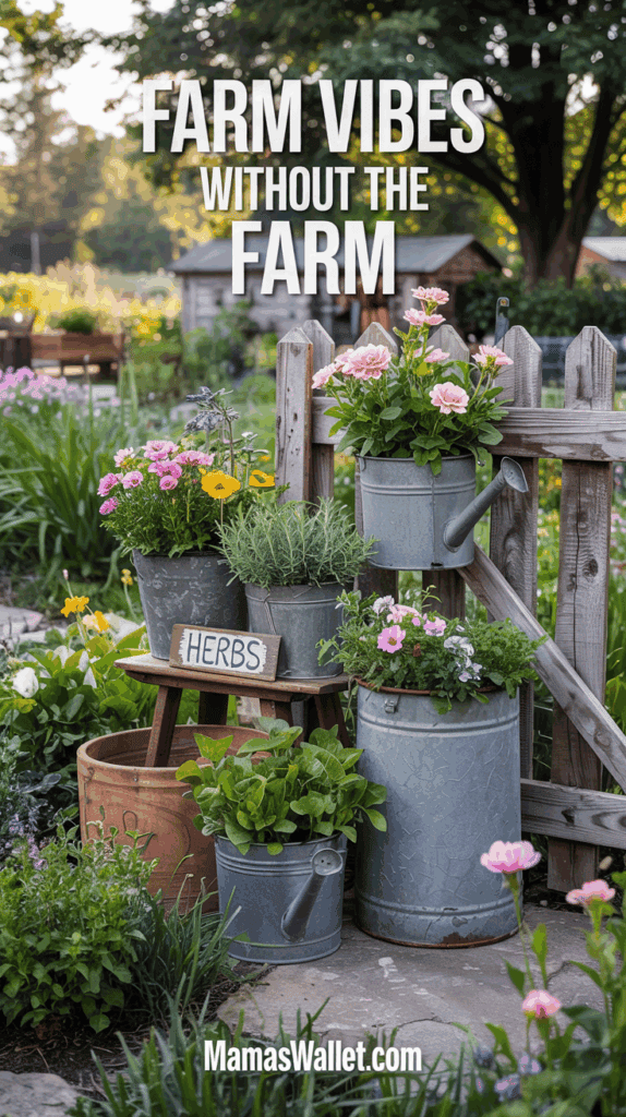 A picturesque garden scene titled 'FARM VIBES WITHOUT THE FARM.' A rustic setup of galvanized metal containers and a wooden stool is filled with vibrant flowers, herbs, and leafy greens. A small sign reading 'HERBS' rests on the stool. The background features lush greenery, flowers, and a charming wooden shed under the shade of a large tree. The text 'MamasWallet.com' is displayed at the bottom.