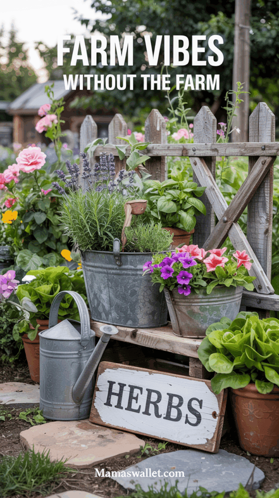 A charming garden arrangement titled 'FARM VIBES WITHOUT THE FARM.' The setup features a rustic wooden fence adorned with galvanized metal containers filled with vibrant flowers, herbs, and leafy greens. A small wooden stool holds additional plants, while a classic metal watering can sits beside a wooden sign labeled 'HERBS.' The background showcases lush greenery, blooming flowers, and a cozy wooden structure, creating a serene and inviting atmosphere. The text 'Mamaswallet.com' is displayed at the bottom.