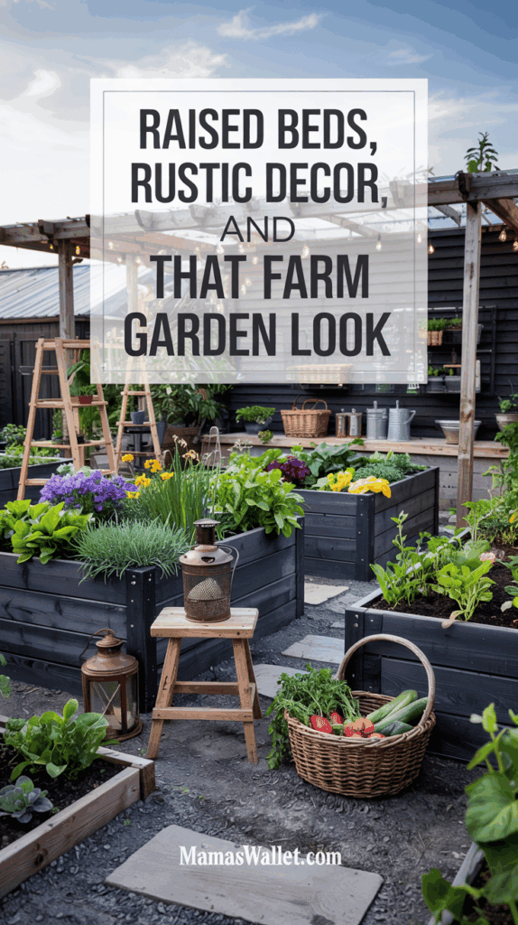 Inviting garden scene showcasing raised beds filled with lush vegetables and vibrant flowers. A rustic wooden stool and vintage lantern add charm, while a wicker basket overflows with fresh produce like radishes and zucchini. The backdrop features a pergola strung with fairy lights, enhancing the farm garden ambiance. Prominent text reads 'RAISED BEDS, RUSTIC DECOR, AND THAT FARM GARDEN LOOK,' with 'MamasWallet.com' at the bottom.