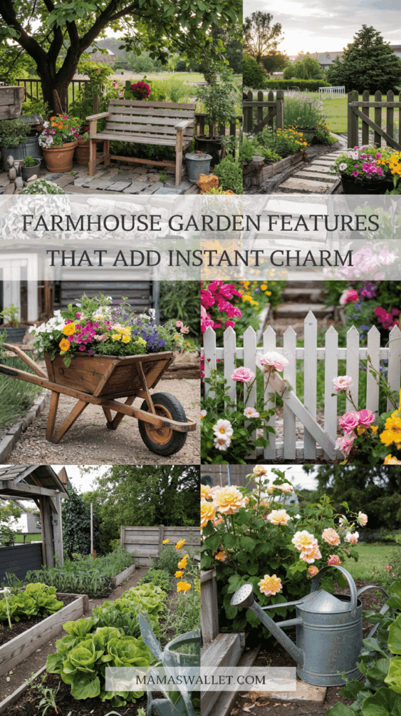 A collage of charming farmhouse garden features. Top left shows a wooden bench surrounded by potted plants under a shady tree. Top right highlights a rustic fence with a stone pathway leading to a lush green field. Middle left features a vintage wooden wheelbarrow filled with colorful flowers. Middle right showcases a white picket fence adorned with blooming pink roses. Bottom left displays raised garden beds filled with vibrant vegetables and flowers. Bottom right captures a watering can beside blooming peach-colored roses. Text overlay reads 'FARMHOUSE GARDEN FEATURES THAT ADD INSTANT CHARM,' with 'MamasWallet.com' at the bottom.