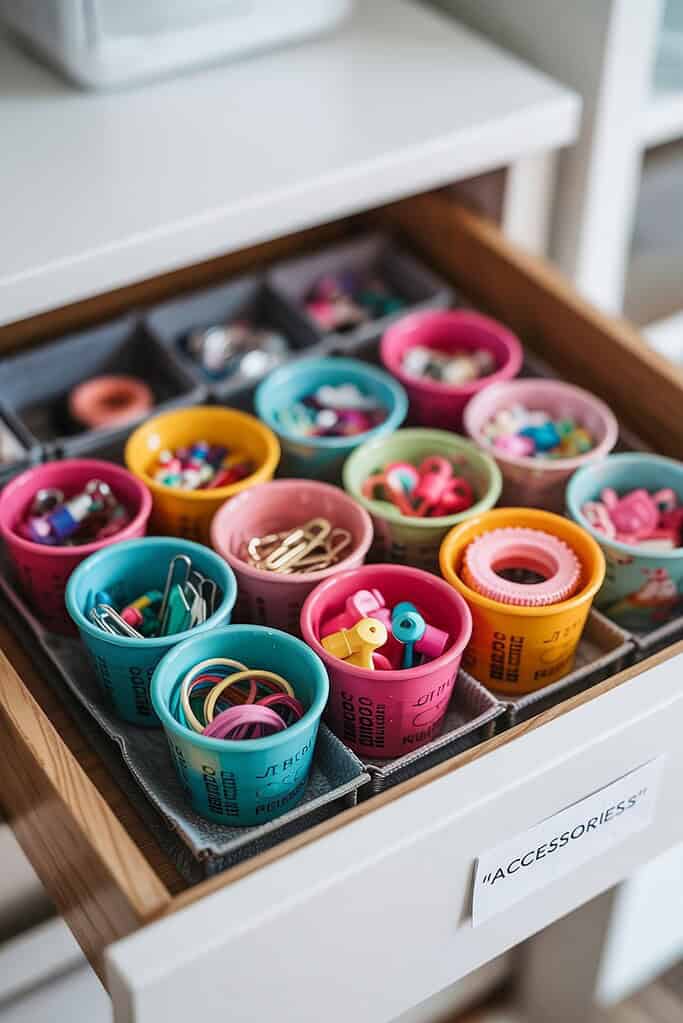 An open drawer labeled "ACCESSORIES" containing colorful prescription medication bottles repurposed as small storage containers, holding various office and craft supplies like paper clips, rubber bands, and small tools in an organized grid arrangement.