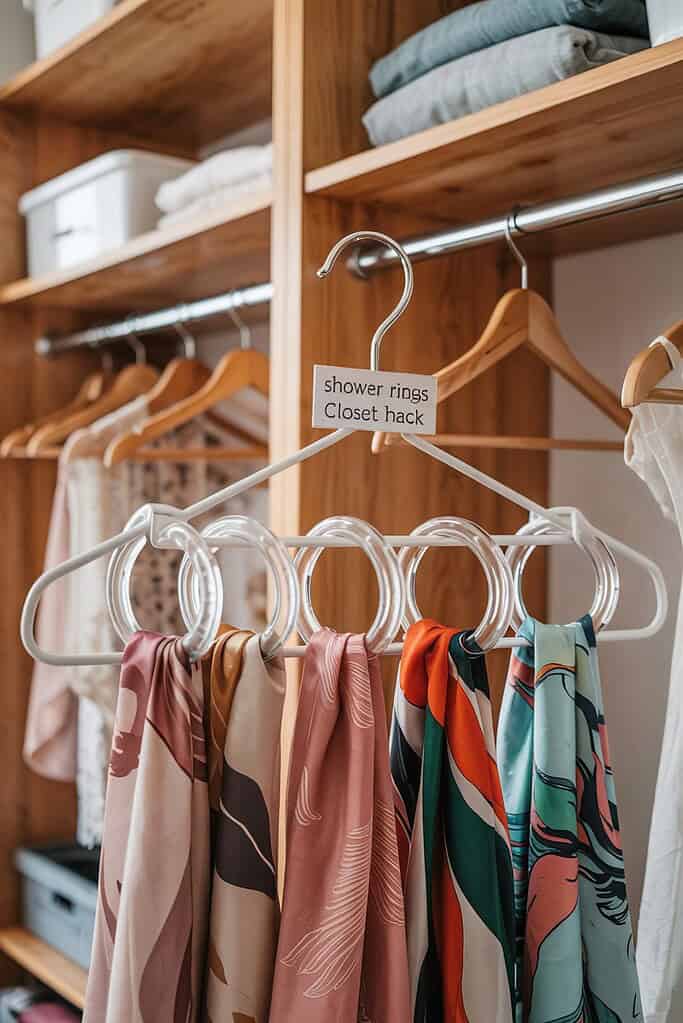 A wooden closet featuring a clever storage hack: colorful scarves organized through shower rings attached to a single clothes hanger, labeled "shower rings Closet hack."