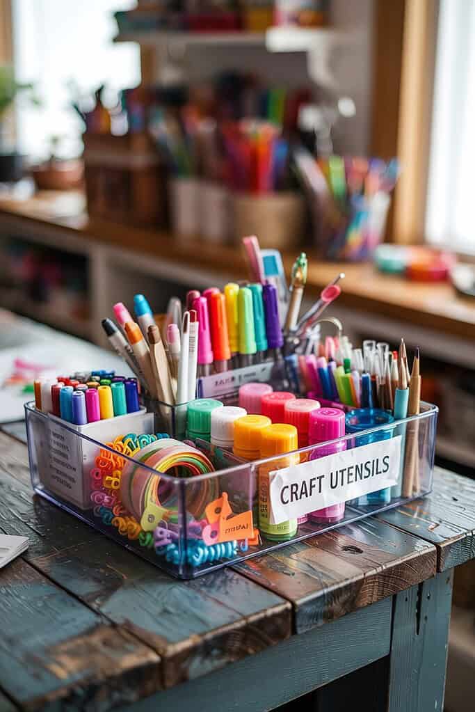 A clear plastic organizer labeled "CRAFT UTENSILS" filled with colorful art supplies including markers, pens, highlighters, and scissors, sitting on a rustic wooden table with a craft room visible in the background.