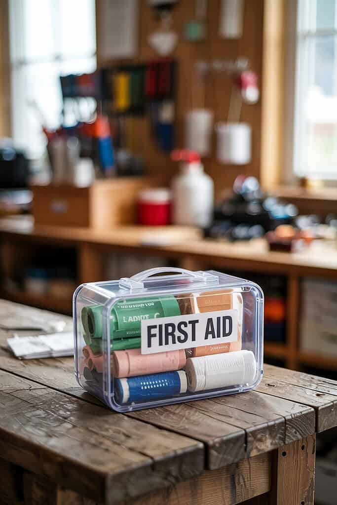 A clear plastic first aid kit container sitting on a rustic wooden surface. The transparent box is labeled "FIRST AID" and contains various medical supplies including bandage rolls in different colors (green, beige, blue, and white). The background shows a workshop or craft space with shelves and supplies visible but out of focus. The portable, organized kit provides easy visibility of contents and quick access to basic medical supplies.