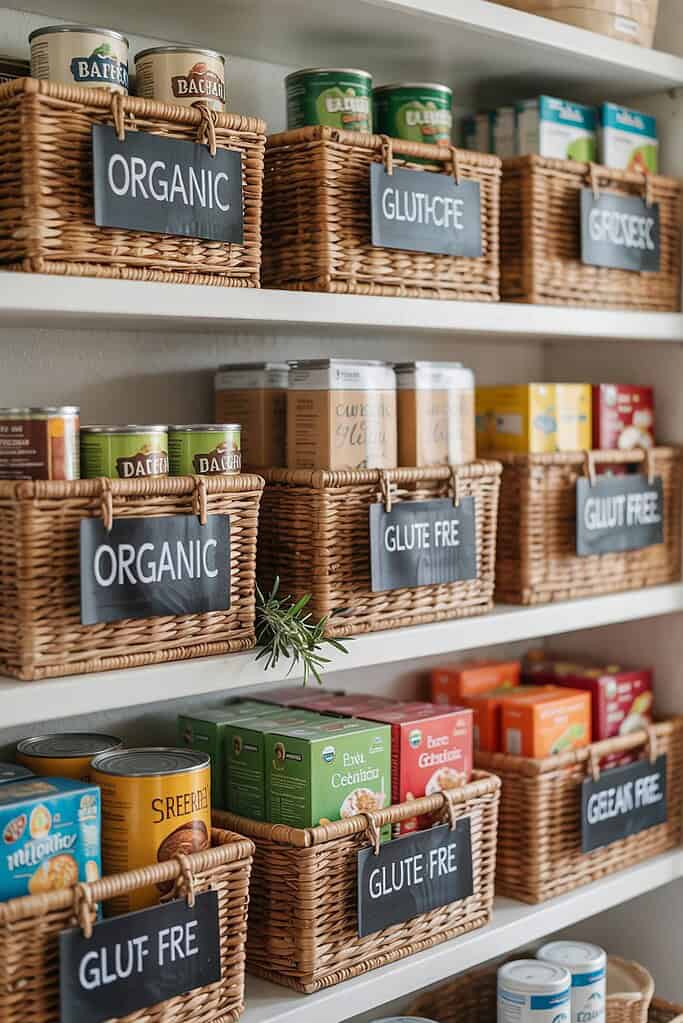 Beautifully organized pantry shelves with wicker baskets labeled with chalkboard tags indicating dietary categories like 'ORGANIC' and 'GLUTEN FREE', containing various canned goods and packaged foods neatly sorted by dietary preference
