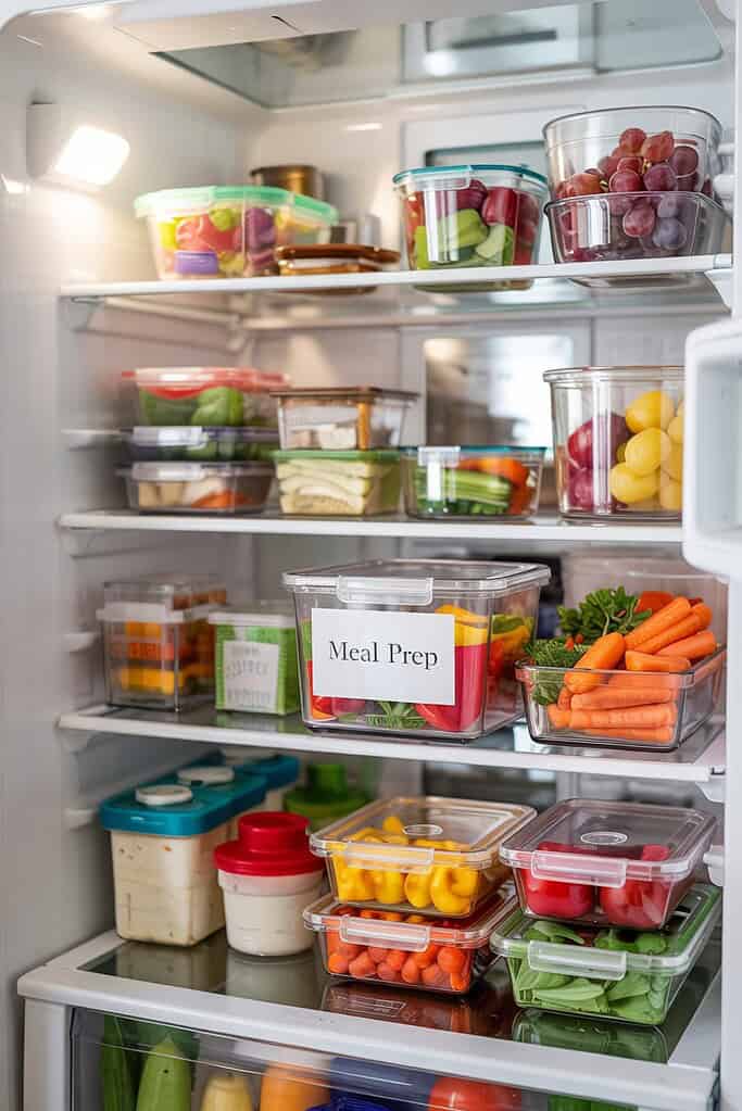 Well-organized refrigerator with clear plastic storage containers filled with colorful fresh fruits, vegetables, and meal prep items, showcasing an efficient food storage system with labeled containers