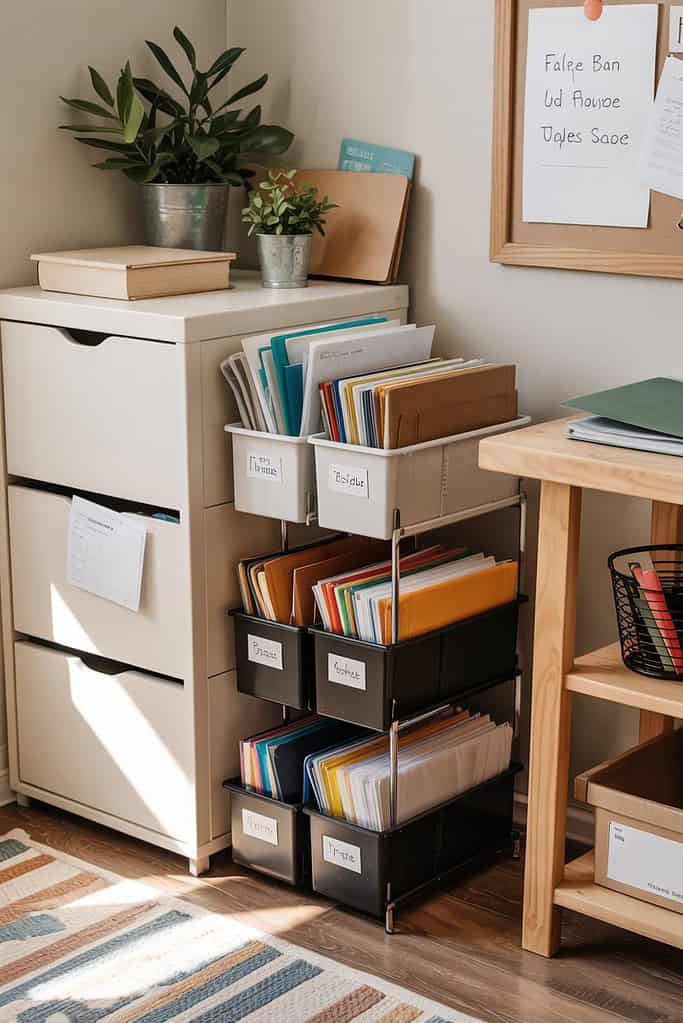 Plastic hanging file folders organized in a rectangular bin, creating an affordable and portable filing system for important documents and paperwork