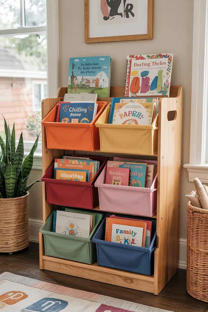 Colorful plastic book bins standing vertically on a shelf, organizing papers, coloring books, and school documents in an accessible, space-saving arrangement