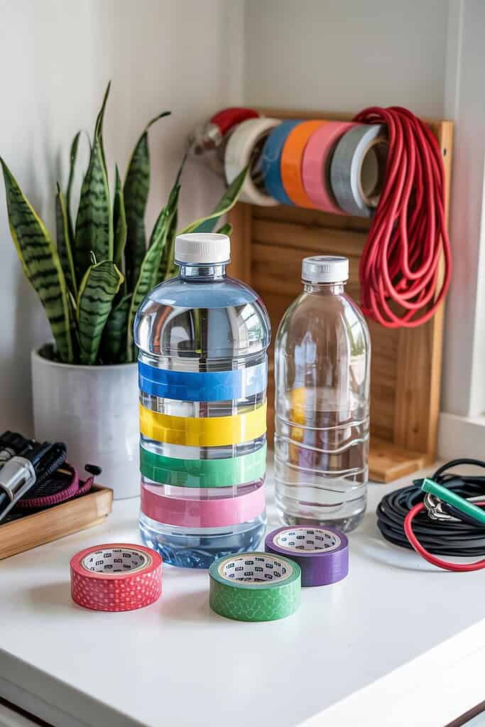 A colorful DIY organization setup featuring water bottles decorated with washi tape, craft supplies, and a snake plant on a white surface.