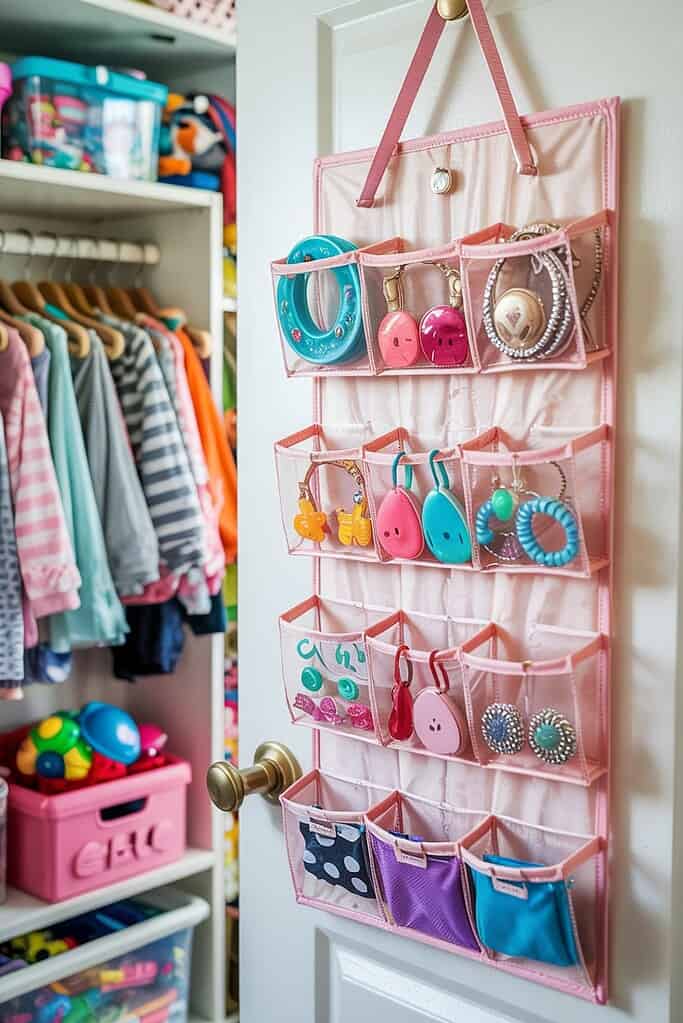 A pink hanging jewelry organizer with clear pockets mounted on a closet door, displaying an organized collection of children's accessories including colorful hair clips, bracelets, and small earrings. The organizer provides visible storage while taking up minimal space. In the background, you can see part of a child's closet with neatly hung clothes on small hangers and storage bins for toys on the shelves below.