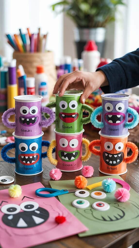 Colorful monster-themed craft supplies for kids Halloween party or DIY fun&mdash;safe and creative.