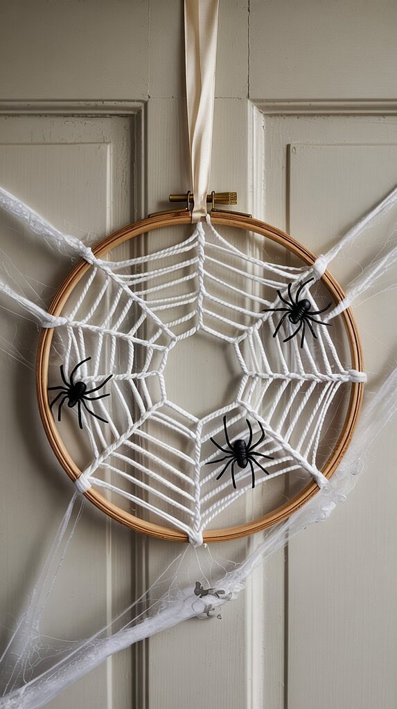 Spooky Halloween spider web dreamcatcher with black spiders for festive decor.