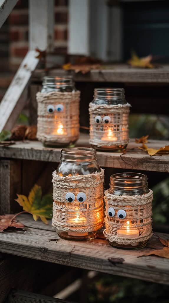 Rustic Mason Jar Lanterns with Eyes and Candlelight for Halloween Decor.
