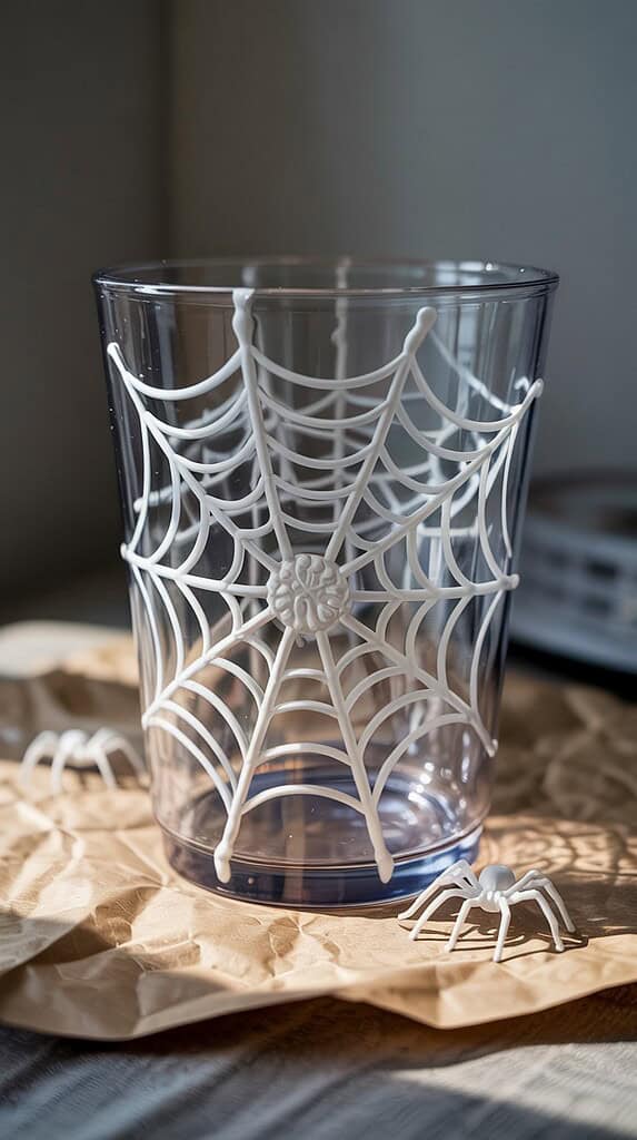 Spooky spider web glass cup Halloween decor for kids and adults.